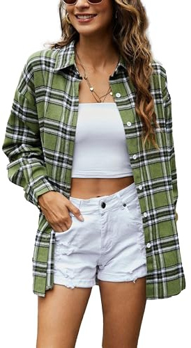 Agoeast Womens Oversized Button Down Plaid Flannel Shirts Casual Long Sleeve Checked Blouse Top(0068-ArmyGreen-M)