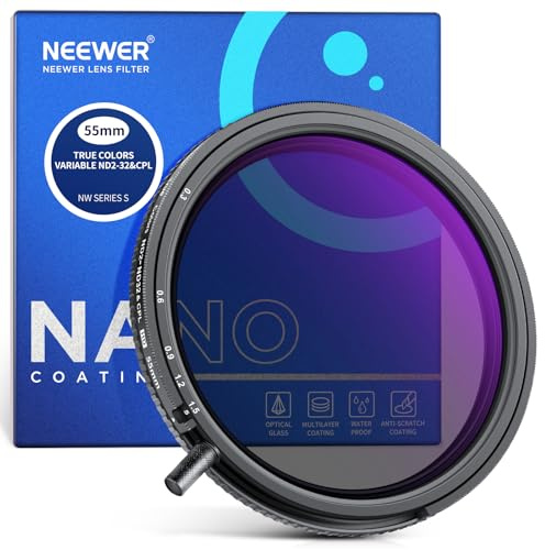 NEEWER 55mm Color Verdadero Variable ND2-ND32 y CPL Filtro, 2 en 1 Polarizador Circular y Densidad Neutra Ajustable, Vidrio Óptico HD Multicapa/Marco Aluminio/Repelente al Agua/Resistente a Arañazos