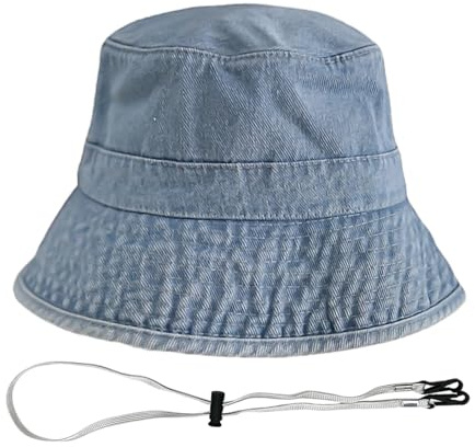 1 st denim fiskarhatt, utrustad med 1 st vindtätt rep, avslappnad fiskarhatt, enkel och moderiktig fiskarhatt, klädtillbehör, Blå, S-M