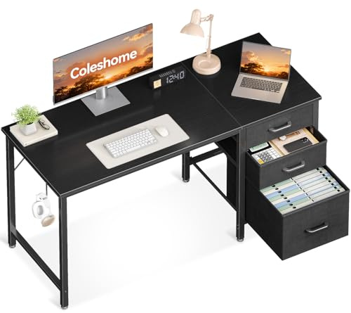 Coleshome Scrivania con 3 Cassetti in Tessuto, 120x48cm Scrivania Salvaspazio con Portacuffie, Scrivania Computer Reversibile per Piccolo Ufficio in Casa, Nero