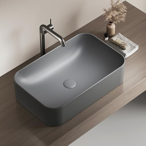 EMKE Rectangular Countertop Washbasin 61 × 38 × 15 cm, Guest Washbasin, Ceramic, Matte Dark Grey
