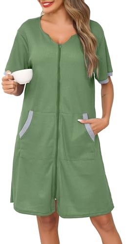 Lovasy Women's Zip Robes Waffle Dressing Gowns for Women UK Short Sleeve Bath Robe Summer Ladies Dressing Gowns Lightweight Zip Up Dressing Gown Knee Length Housecoat with Pockets,Green,L