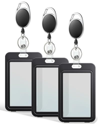 Uniclife 3 Pack ID Badge Holder with Double-Sided Windows Vertical Card Case with Retractable Badge Reel Plastic Card Protector for Office School Credit Cards Proximity Cards Driver’s Licenses Passes