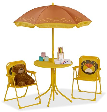 Relaxdays Mobiliario Infantil Jardín, Estampado León, Sombrilla de Playa, Sillas Plegables, Mesa para Niños, Amarillo