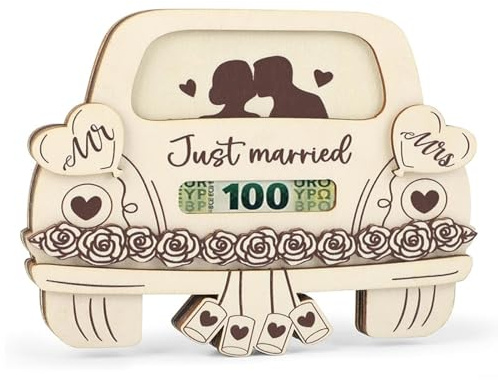 KASESSS Carte Mariage Félicitation en Bois Voiture, Idee Cadeau Mariage d'Argent, Cadeau de mariage pour Couple, Cadeaux d'Argent en Bois pour la Mariée et le Marié