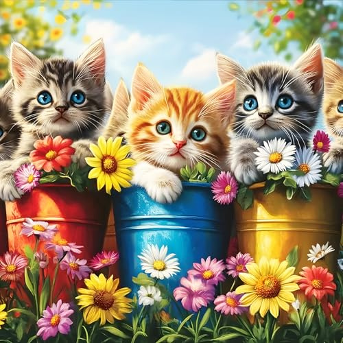 DPHERO Three Little Kittens Diamond Painting Kits for Beginners Adults,5D DIY Wildflowers Diamond Art Kits,Round Full Drill Cat Gem Art Crafts,DIY Painting by Numbers for Home Wall Decor 12x16 inch
