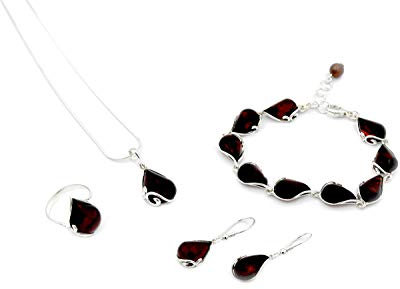 Unbekannt Bernstein Schmuck Set Halskette Pendant Armband Ohrringe Ring Schmuckset dunkelrot Damen Silber 925