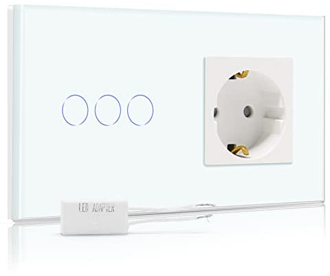 BSEED Interrupteur Variateur avec Prise et Affichage LED,157 * 86mm 1 Gang 1 Voie,Panneau Tactile,Prises Murales,Variateur LED,Interrupteur Tactile,Blanc