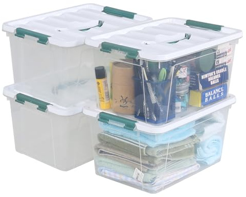 Gloreen Set of 4 Lidded Storage Box with Handle, 10l Kitchen Containers with Lids for Storage, Clear