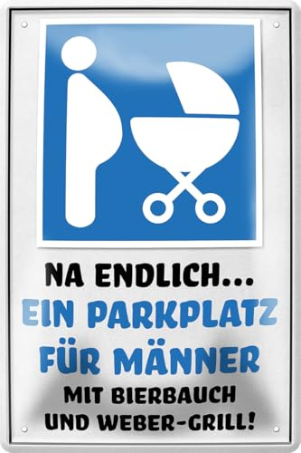 Cartel de chapa divertido con texto NA ENDLICH … Una placa de aparcamiento para hombres con cerveza y barbacoa Weber-Grill!, cartel decorativo para jardín, 20 x 30 cm