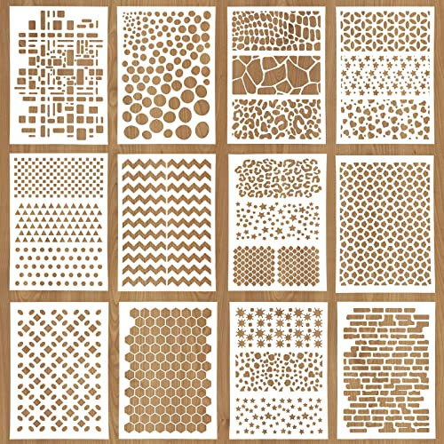 WakiHong 12 Stück Scrapbooking Schablonen Zeichnen Malschablonen Wiederverwendbare Schablonen Set DIY Malschablone für Scrapbooking Zeichnen Nachzeichnen DIY Holz Möbel Wand Boden Dekor