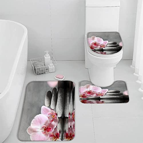TiaoTian Badematten Set 3 teilig 50x80 Zen 3D Badezimmerteppich Set WC Vorleger Set rutschfeste Badematte Maschinenwaschbar Badteppich Set für Badezimmer badvorleger Kiesel Orchideen