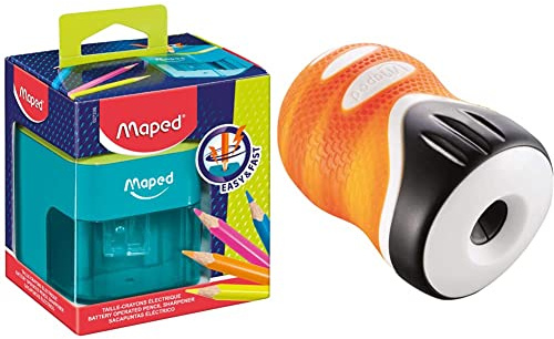 Maped - Taille-Crayon électrique à piles - 1 trou Diamètre Standard 6 à 8 mm - Avec réservoir - Bicolore & Taille-crayons Clean Grip - Taille-Crayons avec Réservoir -Taille-crayons propre - 1 trou