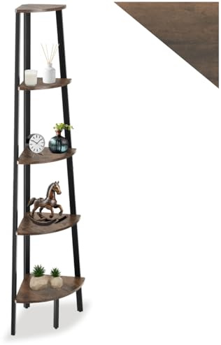 tectake® Étagère d'angle 5 Niveaux de Tailles différentes 34 x 34 x 158,5 cm Étagère Rangement Style Industriel Meuble de Rangement Chambre Bureau Salon Etagere Bois et Acier Bibliothèque, Bois foncé
