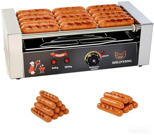 SHILINTONG Commercial Hot Dog Roller Machine - 5 Roller Electric Grill with 16 Hot Dog Capacity, 750W Stainless Steel, Removable Drip Tray