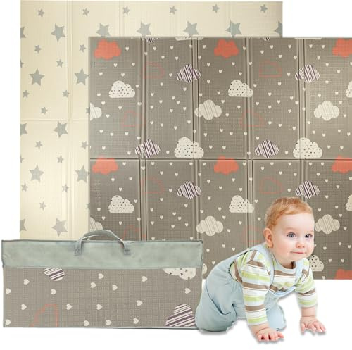 Alfombra de juegos para bebés, plegable, sensorial, impermeable, no tóxica, reversible. Alfombra versátil, perfecta para gatear de forma segura. (Star and Cloud, 180cm x 200cm x 1.5cm thick)