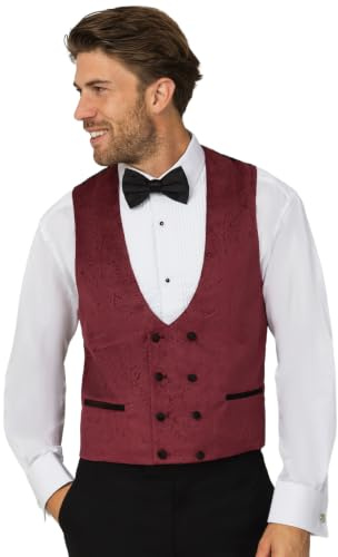 Dobell Mens Burgundy Paisley Velvet Tuxedo Waistcoat Regular Fit Double Breasted