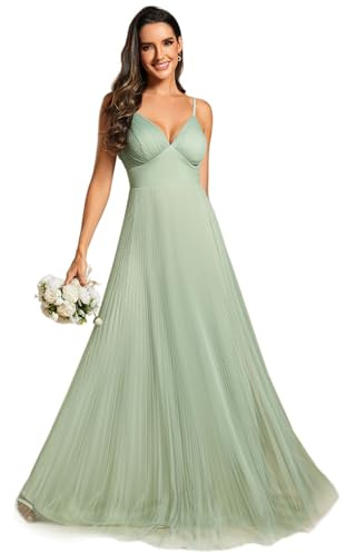 Ever-Pretty Abiti da Damigella d'Onore Linea A Collo a V Stile Impero Tulle Senza Maniche Abiti da Cerimonia Chic ed Elegante Menta Verde 44