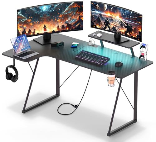 Scrivania ad L con Design Reversibile, Scrivania Gaming Angolare con 2 Prese e 2 Porte USB, Scrivania ad Angolo con Monitor, Tavolino Computer a Forma L Ripiani Portaoggetti (nero)