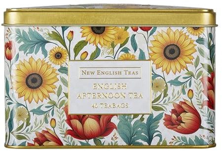 New English Teas Victorian Sunflower Tea Tin with 40 English Afternoon Teabags, Inspired by Embroidery & Textile Styles