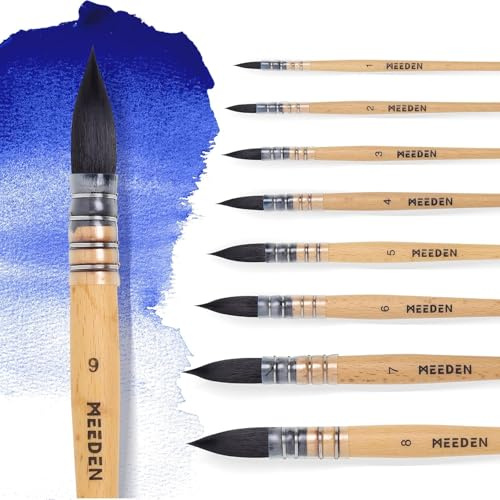 MEEDEN Lot de 9 pinceaux d'aquarelle professionnels en poils d'écureuil synthétiques avec manche en bois de hêtre, parfaits pour les artistes amateurs