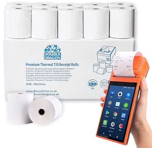 Double Dragon 80x50mm Thermal Paper Rolls, 20 Rolls | BPA-Free POS Receipt Paper | Compatible with Mobile POS, Just Eat Receipt Printer Rolls, Uber Eats Delivery Machines, Epson, Square & Star