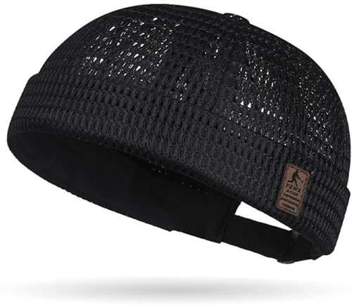 Mens Mesh Brimless Cap with No Brim, Summer Docker Cap Beanie Hat Flip Sailor Skullcap Breathable (US, Numeric, 7, 7 1/2, Black)