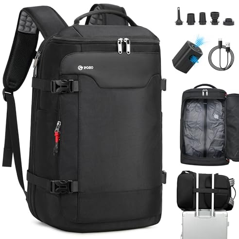 LOKASS Vakuum-ryggsäck, handbagage, reseryggsäck, 60 l utbyggbar reseryggsäck, 17,3 tums rese-laptop-ryggsäck, vattenavvisande, perfekt för flygresor och affärsresor, Modern svart, L