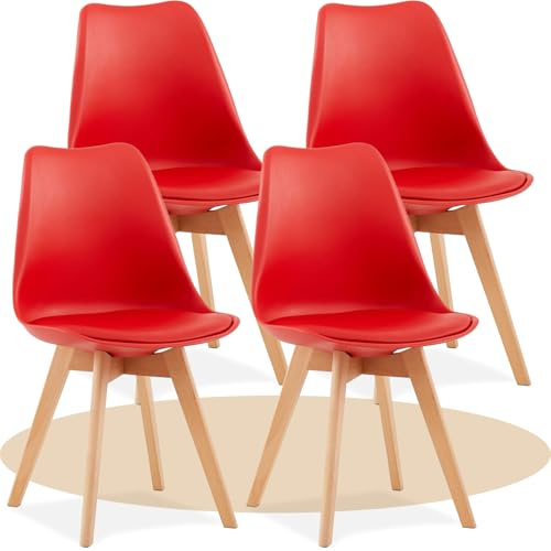 Dekohome Pack de 4 Sillas de Comedor, Sillas de Cocina con Respaldo Ergonómico, Asiento Acolchado Tapizado y Patas de Madera Maciza de Haya, Rojo
