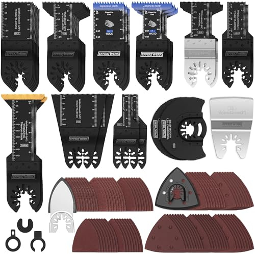 EffektWerk - 116-tlg. Multitool Sägeblätter und Schleifset - Oszillierende Werkzeugaufsätze für Holz, Kunststoff, Metall - Adapter, Schleifpads, Schleifpapier