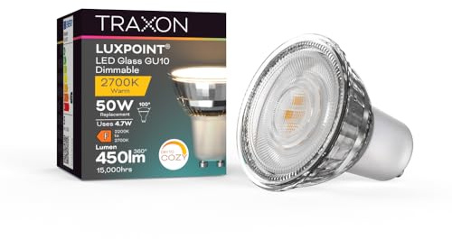TRAXON LUXPOINT® Bombilla LED GU10 Cristal Regulable 4.7W (Equiv. 50W) 450lm, DIM TO COZY 2200-2700K, Ángulo 100° Luz Cálida Ajustable, CRI Alto (DIM TO COZY, Pack 5 und)