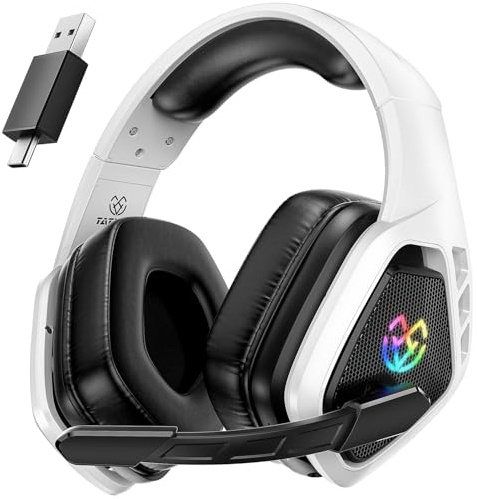 Tatybo Cuffie Gaming Wireless per Ps5 Ps4, Bluetooth Cuffie 2.4 GHz USB e Type-C con Microfono 7.1 Qualità Audio,Batteria 40Ore,Cuffie Pc per Mac Laptop Mobile Switch,Nero-Bianco