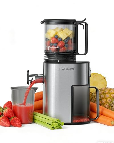 FORLIM Entsafter Gemüse Und Obst Testsieger, 130mm Große Selbstbefüllende Einfüllöffnung, 250W Langsamer Mahlentsafter, 1,7L Behälter, Hohe Saftausbeute, Leicht zu Reinigen, Klassisches Silber