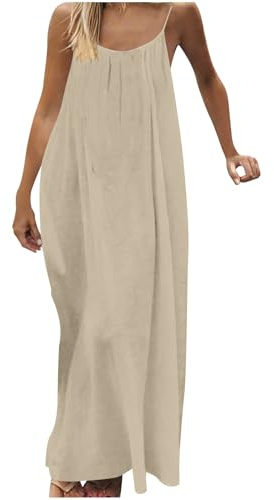 AMhomely Women's Solid Color Backless Cami Dress-Ladies Summer Dresses,Backless House Dress,Open Back Maxi Dresses,Elegant Sleeveless Adjustable Drawstring Beach Sundress,Holiday Vacation A Beige M