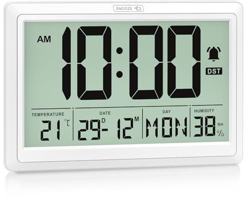 XREXS Digital Wall Clock, 10.4 Inch Large Display, Battery Powered | Date/Day/Temp/Humidity Display, Alarm & Touch Snooze, Auto DST, For Home Office, Bedroom, Living Room and Classroom