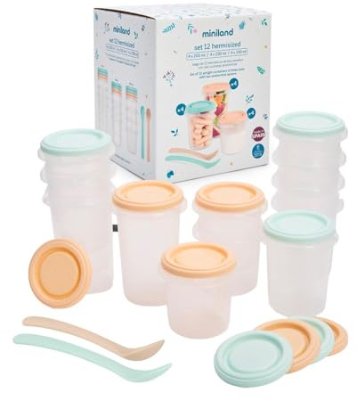 Miniland Set 12 Hermisized – Contenitori Ermetici per Bambino in 3 Formati (200, 250 e 330 ml), Adatti a Congelare e Riscaldare, Senza BPA, con Tacche di Misurazione