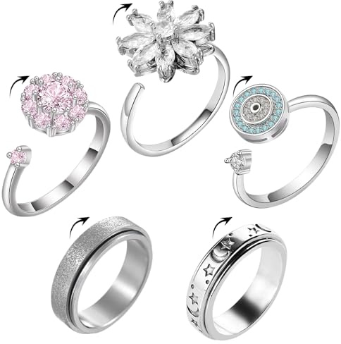 HTTDSLF 5Pcs Argento Anello Antistress per Donna Uomo, Anelli Fidget Anti-ansia Regolabili con Perline, Impilabili Girevole, Anelli Anti Stress regolabili, Anxiety Ring Aperto per Donna di Ansia