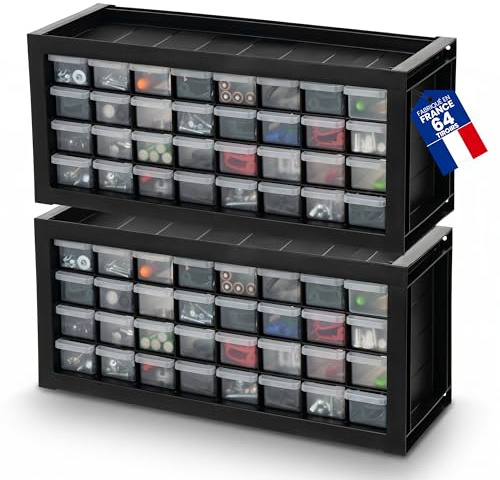 Iris Ohyama, Set de 2 Casiers de Rangement Vis, 32 Tiroirs, Empilable, Fixation Murale, Butée de Tiroir, Polyvalent, Quincaillerie, Bricolage, sans BPA, Compartiments, DPC-32