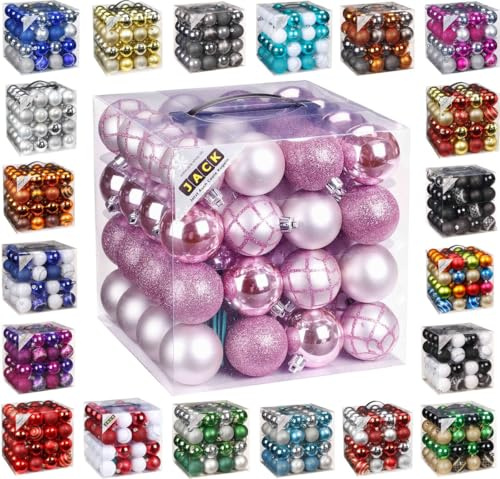 64x Kunststoff Christbaumkugeln Ø 6cm Kugel Box Glanz Glitzer Matt Dekor Inge inkl. Aufhänger, Farbe:Rosa