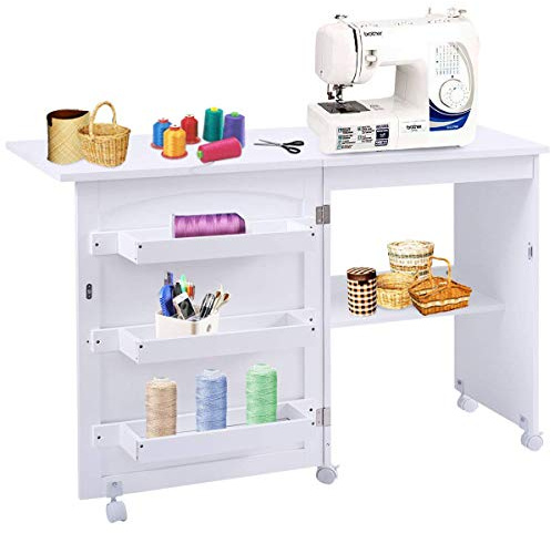 COSTWAY Armoire Machine à Coudre Pliable Table pour Machine à Coudre avec 3 Etagères 117 x 40 x 77cm, Blanc