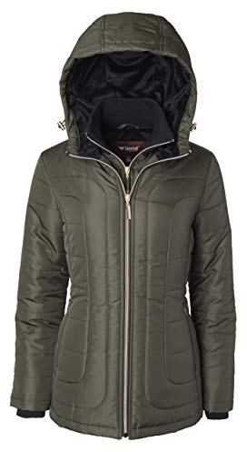 Women's Down Alternative Quilted Midlength Vestee Puffer Jacket Plush Lined Hood- Waxed Loden (Small)