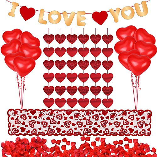 Jangostor Kit Decorazioni 1000 Pezzi Petali di Rosa Rossa 10 Pezzi Palloncini Cuore 6 Pezzi Ghirlanda Cuore Ti Amo Ghirlanda in Feltro Banner Decor Anniversario