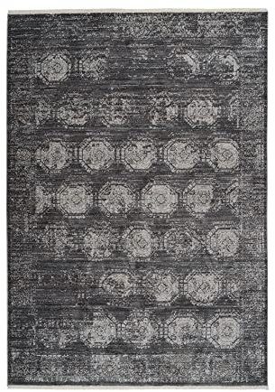 Qiyano Teppich Kurzflor - Marokkanisches Barock-Muster mit Fransen, Vintage, rechteckig, weich - Wohnzimmer, Schlafzimmer, Esszimmer - Farbe: Anthrazit, Grau, Größe: 160 x 230 cm