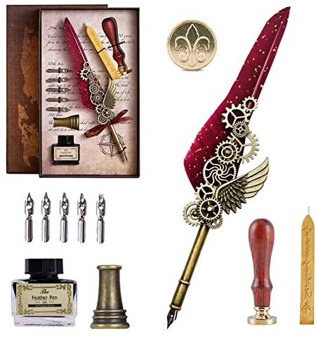 AOMAYLL Juego de caligrafía vintage, juego de tinta de pluma estilográfica,hecho a mano,con 5 plumas, soporte para bolígrafo de tinta, sello de cera,caja de regalo para vacaciones o cumpleaños