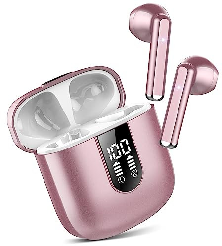 Jesebang Casque Bluetooth, Écouteurs 5.4 avec Stéréo HiFi Immersif, Mini Intégré 4 HD Mic, Casque Bluetooth IP7 Imperméables, Confort Casque sans Fil avec LED 30 Heures, Rose Gold (2025)
