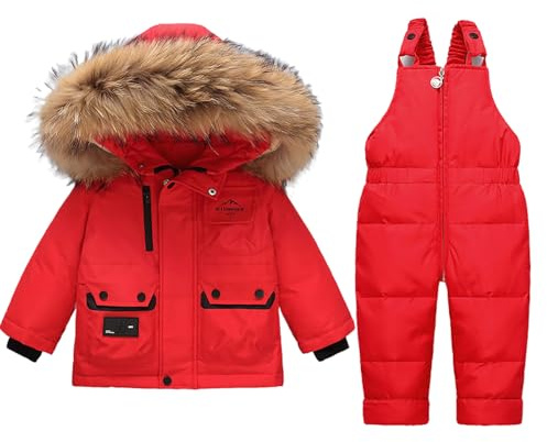 Acuryx Combinaison de Neige 2PCS Fille Garçon Doudoune Manches Longues à Capuche + Pantalons de Ski Enfant Ensemble de Doudoune pour Bébé d'hive 12-18 Mois
