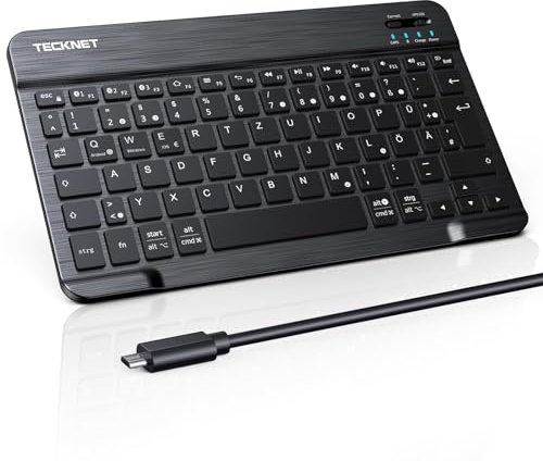 TECKNET Wiederaufladbare Bluetooth-Tastatur, mit 80cm USB Kabel, Ultra Dünn Wireless Bluetooth Keyboard Deutsches Layout QWERTZ BT5.1 Tragbare Kabellose Tastatur Bluetooth für Windows, iOS, Android