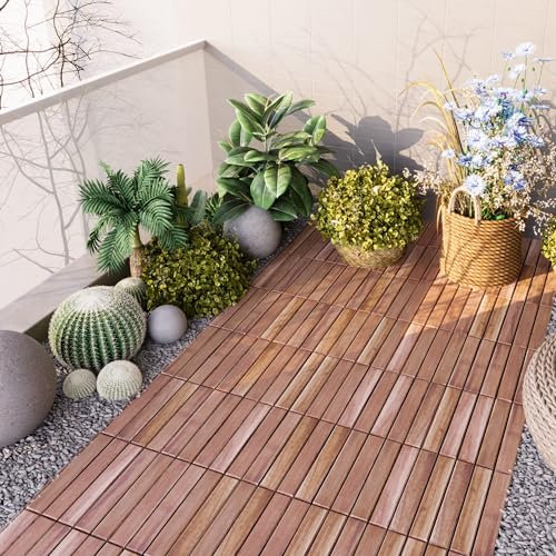 casa.pro Set de 10 Dalles en Bois avec 6 Lattes Décoratives Carreaux à Clipser Résistants pour Terrasse Balcon Jardin Sauna Piscine Bois d'Acacia Surface Totale 0,9 m² Naturel