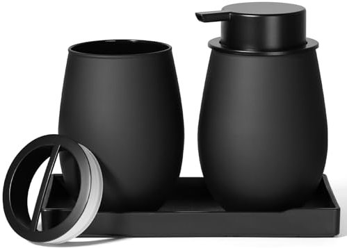 GMISUN Schwarz Badezimmer Set, 3-teiliges Badezimmer Zubehör, 350ml Schäumender Seifenspender Set, Zahnputzbecher und Seifenschale Set, Geeignet für Bad, Waschbecken, Flüssigseifenspender