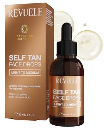 REVUELE Self Tan Face Drops Light to Medium – Gocce Autoabbronzanti Viso Graduali, Siero Illuminante per Colorito Dorato Naturale, Effetto Glow Personalizzabile, Idratante e Senza Striature, 30 ml